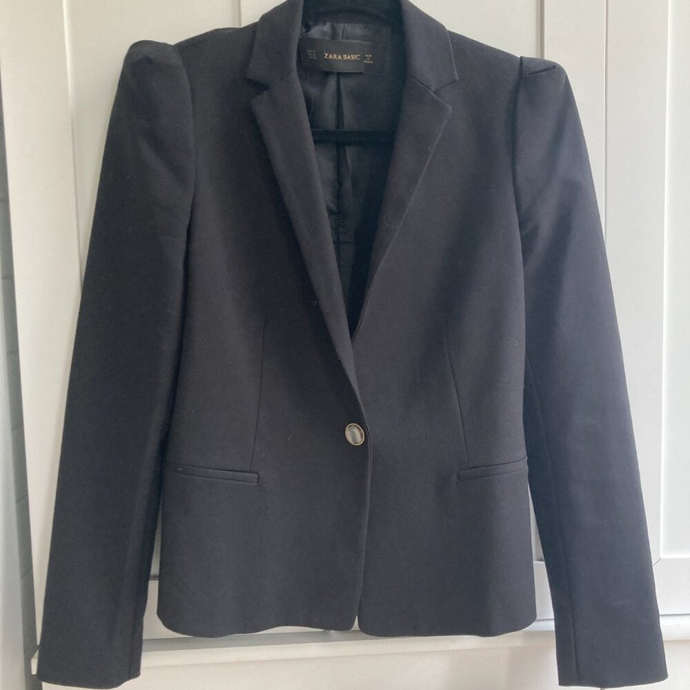 Black Zara Basic Blazer, Puffed Shoulder - image 2